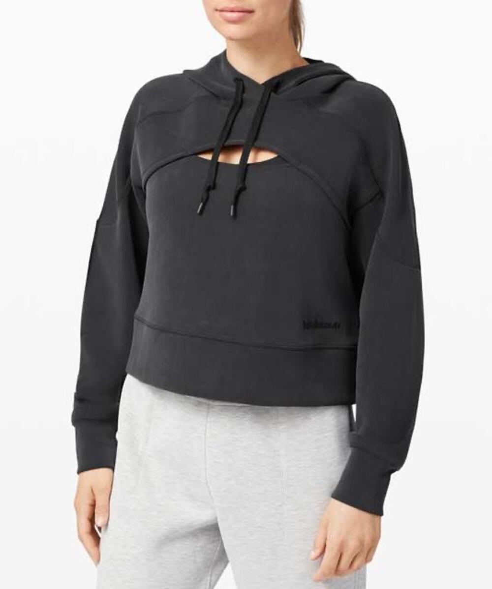 Lululemon Get Centred Crop Hoodie in black, front chest cut-out 128$